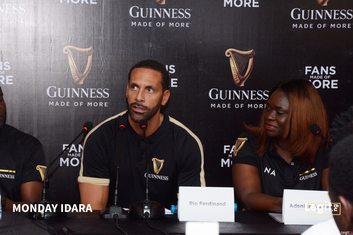Rio Ferdinand and Guinness officials at a press parley in Lagos Rio Ferdinand and Guinness officials at a press parley in Lagos