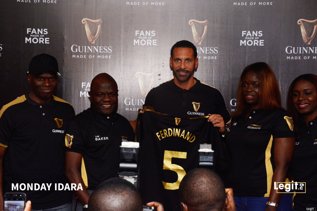 Rio Ferdinand and Guinness officials at a press parley in Lagos Rio Ferdinand and Guinness officials at a press parley in Lagos