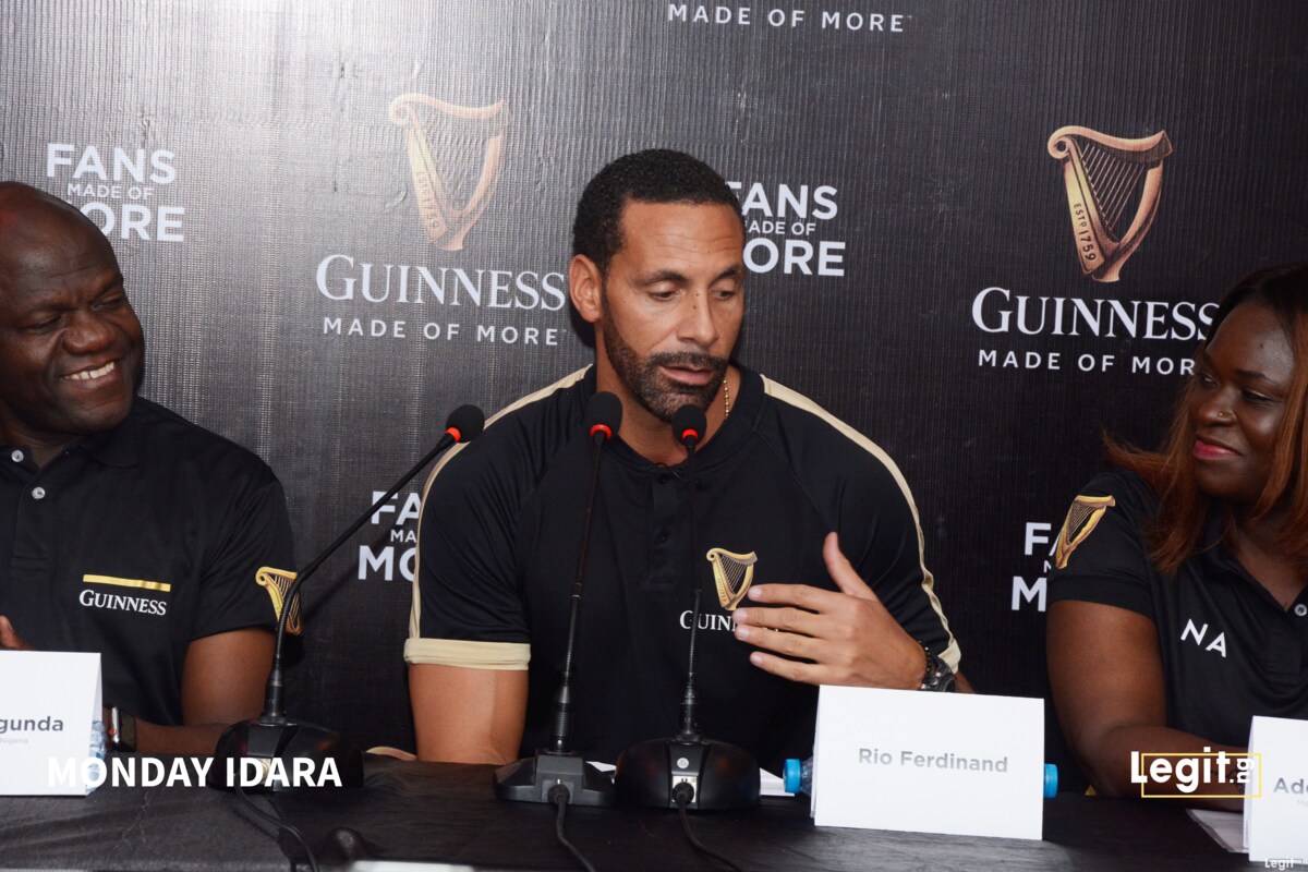 Rio Ferdinand and Guinness officials at a press parley in Lagos Rio Ferdinand and Guinness officials at a press parley in Lagos