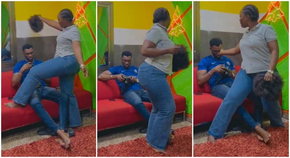 Photos of a lady dancing in front ot her husband.