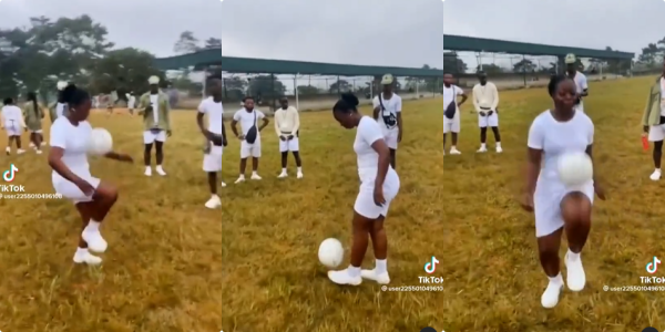 “Agba Baller”: Female Youth Corper Shows Off Football Skills, Wows Male Corpers in Video