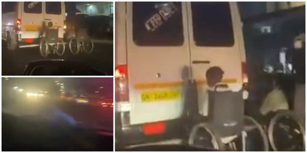 Nigerians react to viral video of two physically-challenged men on wheelchairs clinging to the back of moving vehicle