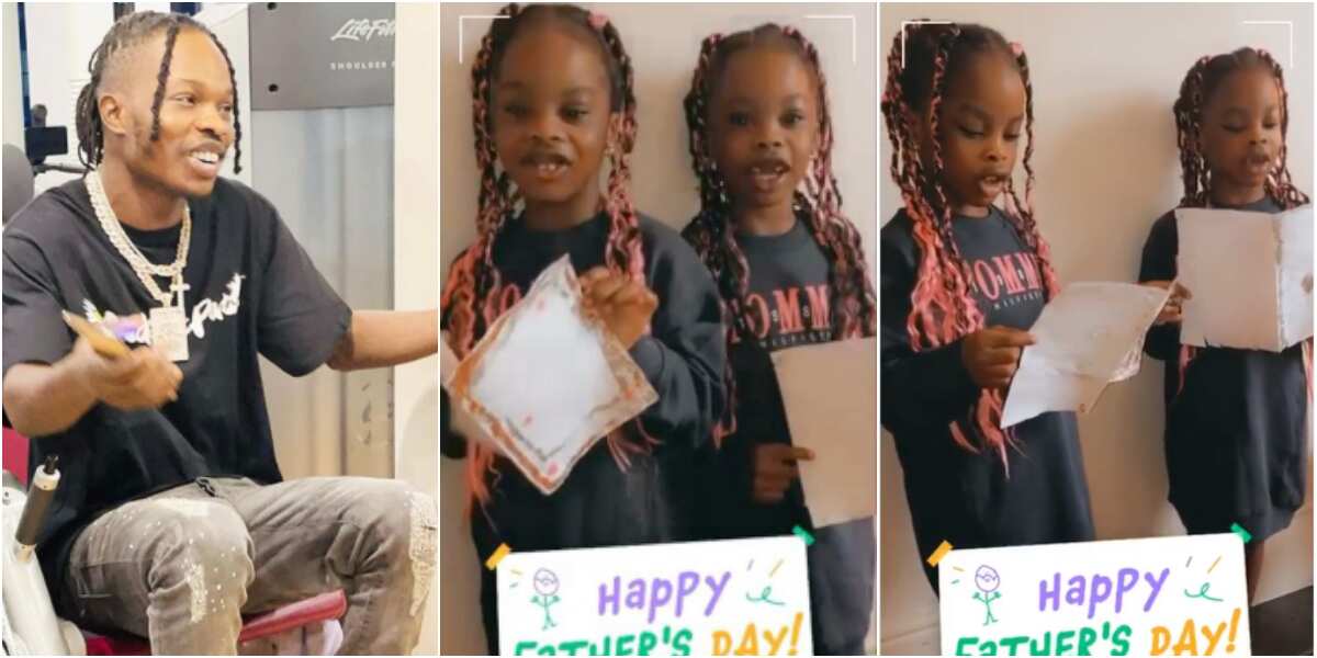 Fans gush as Naira Marley's twin girls read Father's Day letter to singer with beautiful accent