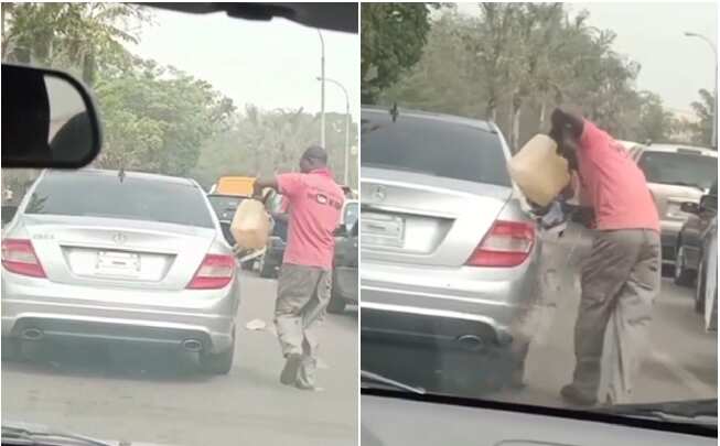 Man seen pouring fuel into a moving vehicle in Abuja as fuel scarcity in Nigeria bites harder