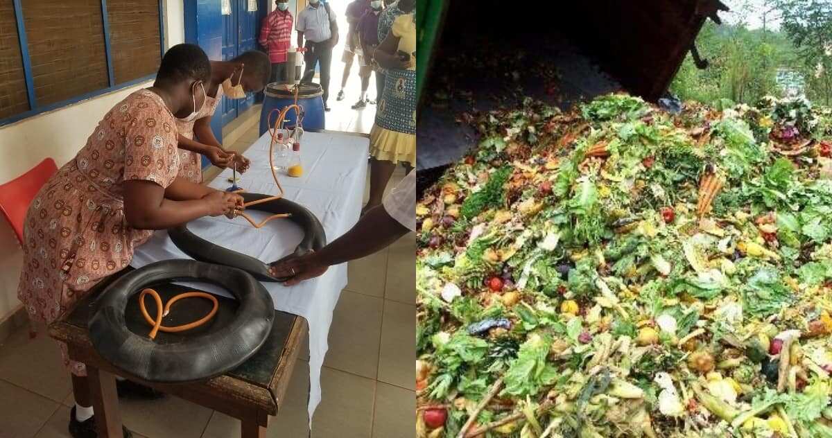 Secondary school students transform wastes into cooking gas, photo shows them demonstrating how it works