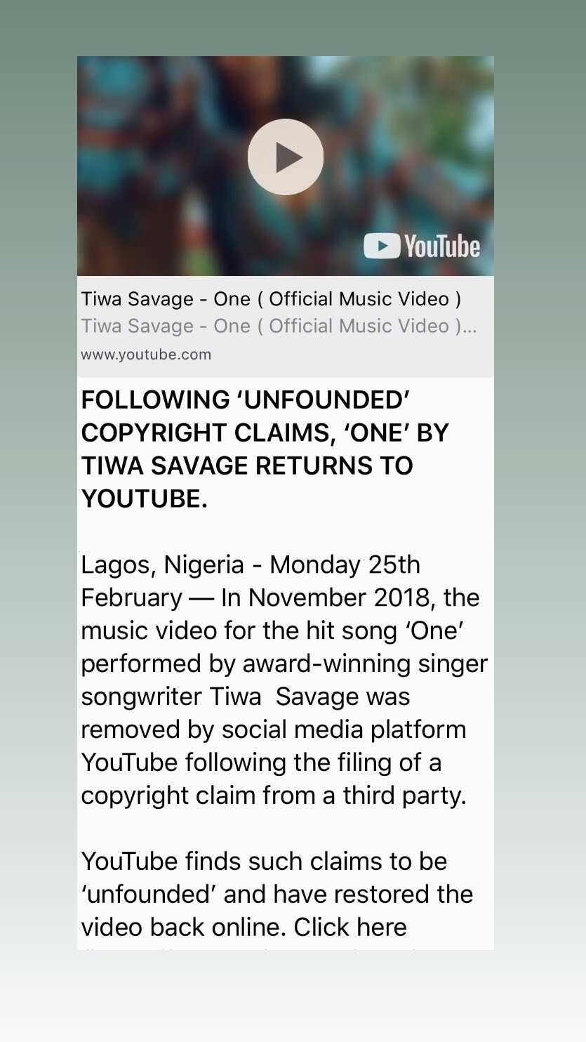 YouTube restores Tiwa Savege's One video following unfounded copyright claims by Danny Young
