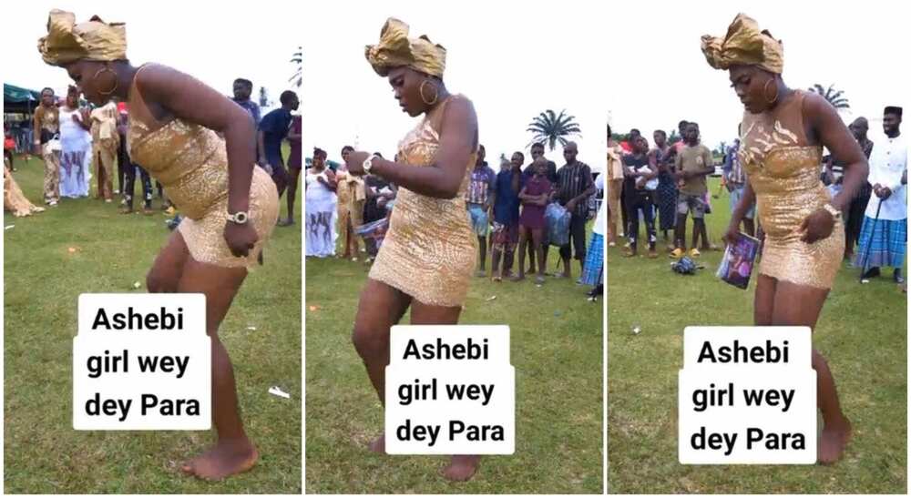 Photos of a tall lady in short gown dancing at a wedding.