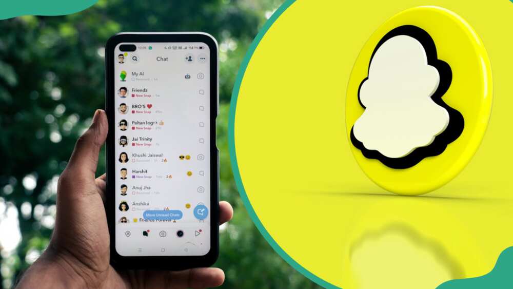 A person scrolling Snapchat messages (L) and a Snapchat logo (R)