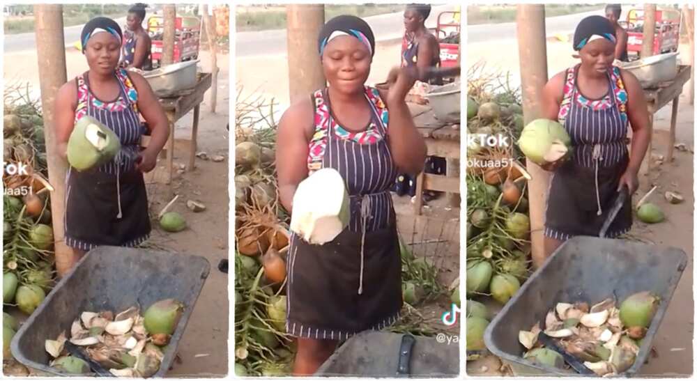 Photos of a coconut seller who is left-handed.