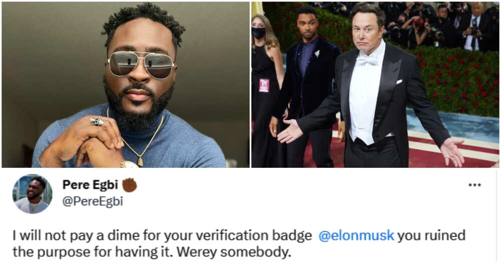 BBNaija's Pere reacts to losing verification badge on Twitter.