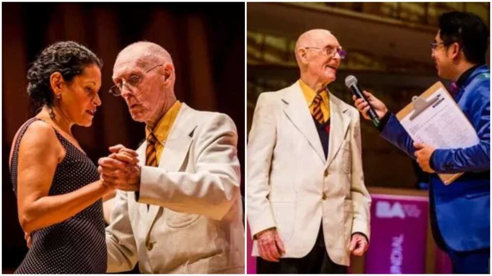 A collage showing James McManus, 99-year-old WWII veteran, at one of his dancing sessions. Photo credit: The Irish Sun