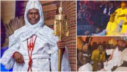 Reekado Banks prostrates, Toyin Abraham, Lateef Adedimeji kneel as they pay respect to Ooni of Ife at event
