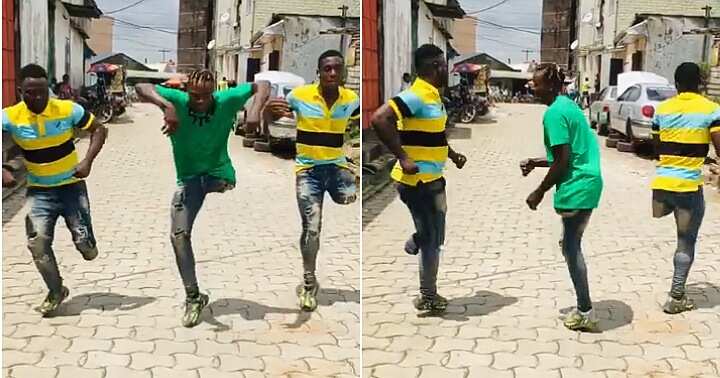 Disabled men show off dance moves, one leg