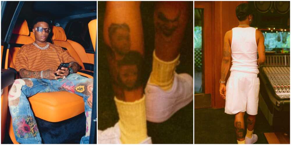 Wizkid, Wizkid tattoos children's faces on his legs, Wizkid with his four sons tattooed on his leg