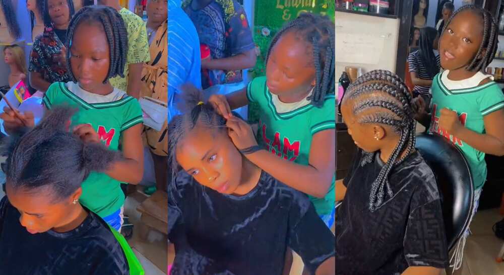 Photos of a young girl braiding the hair of an adult.
