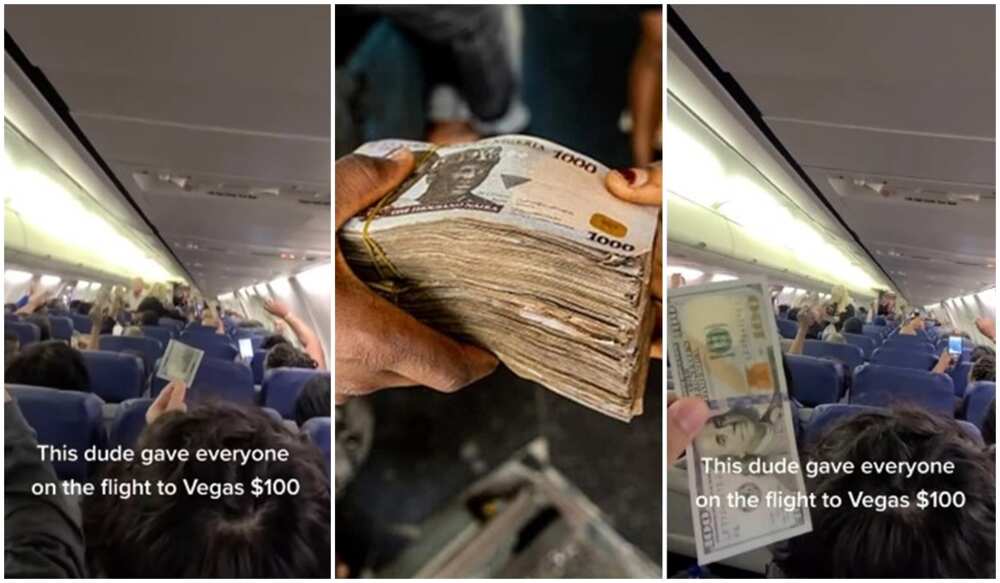 Photos of Naira and Dollar notes as man hands N42k to passengers in Las Vegas-bound airplane.