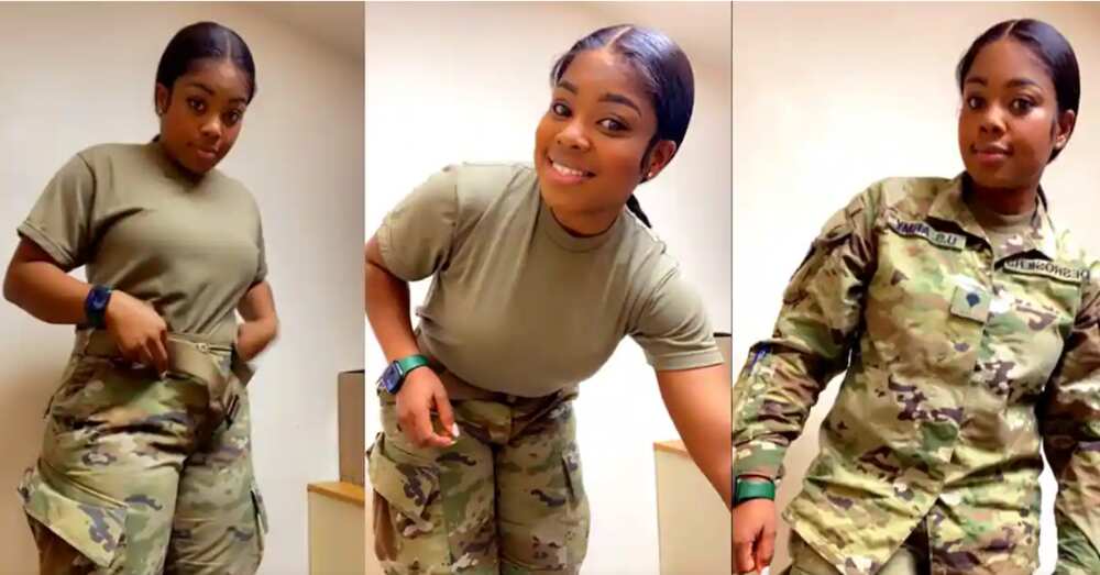 Photos of a female soldier dressing up for work.