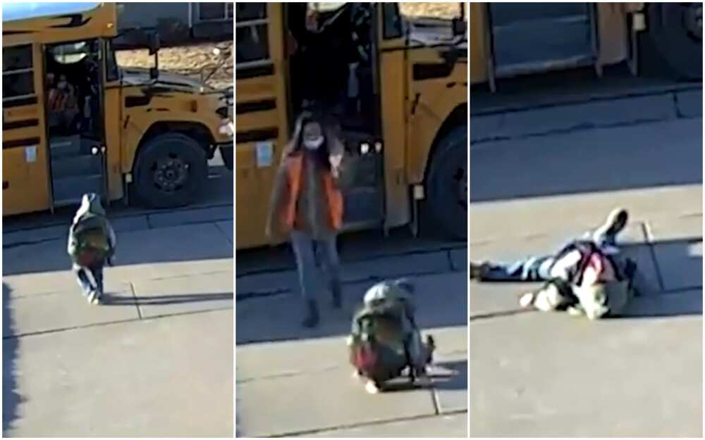 Boy falls before school bus obviously tired of going to school.