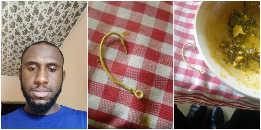Nigerian Man Shares Photos of the Big Hook He Found in the Soup He Ordered in a Restaurant, Stirs Reactions