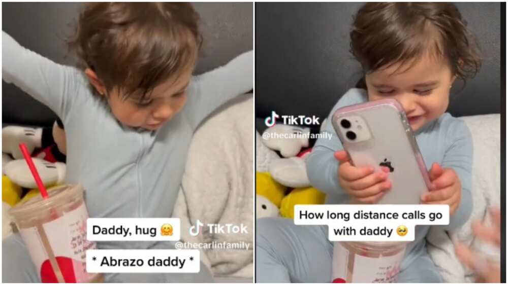 Little girl tries to hug her dad through the phone. 
Photo Source: Tiktok/@thecarlinfamily'