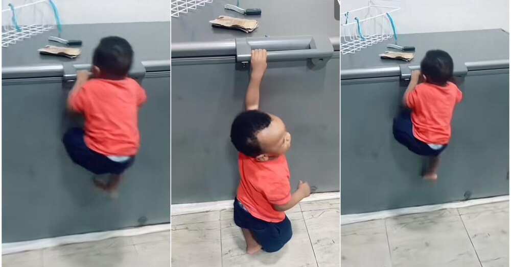 11-month-old baby climbs freezer