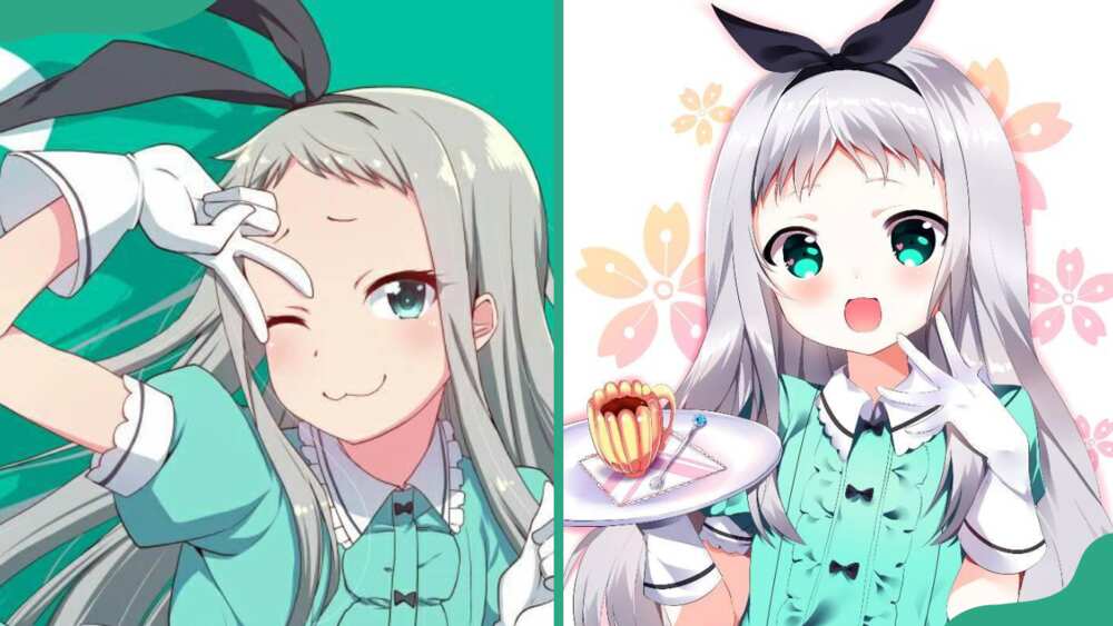 Hideri Kanzaki poses with arm extended outwards (L). The character holding a plate (R)