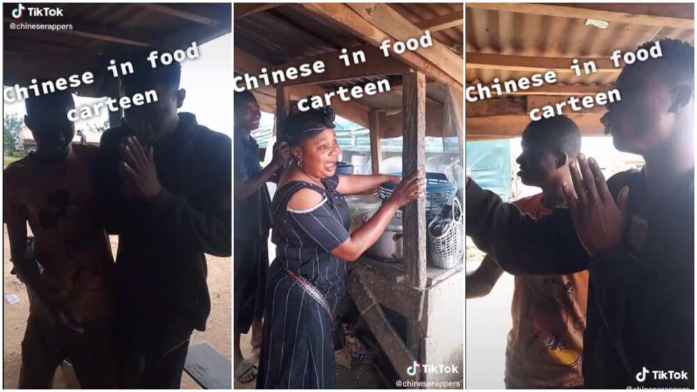 Food seller acting amazed/behaving like a Chinese man.