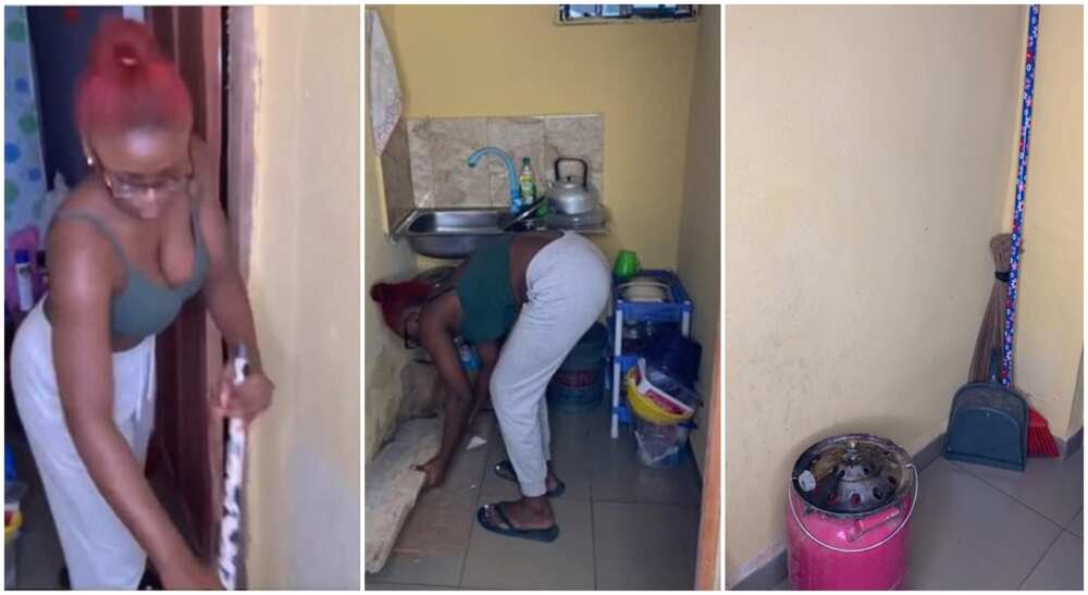 Student cleaning her hostel room at the University of Benin.