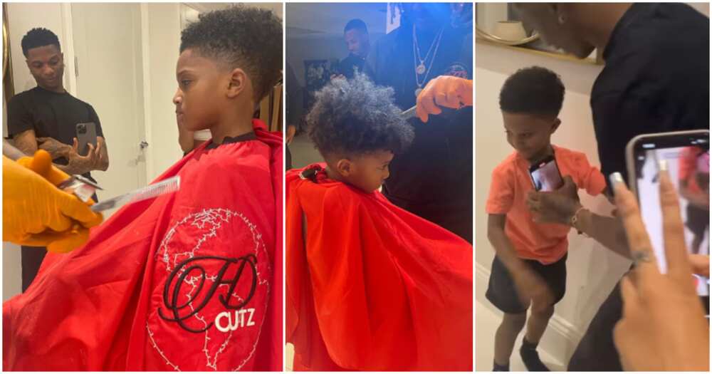 Wizkid gushes over Zion as he gets first haircut.