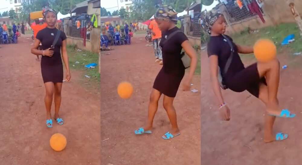 Photos of a girl playing football in the street.