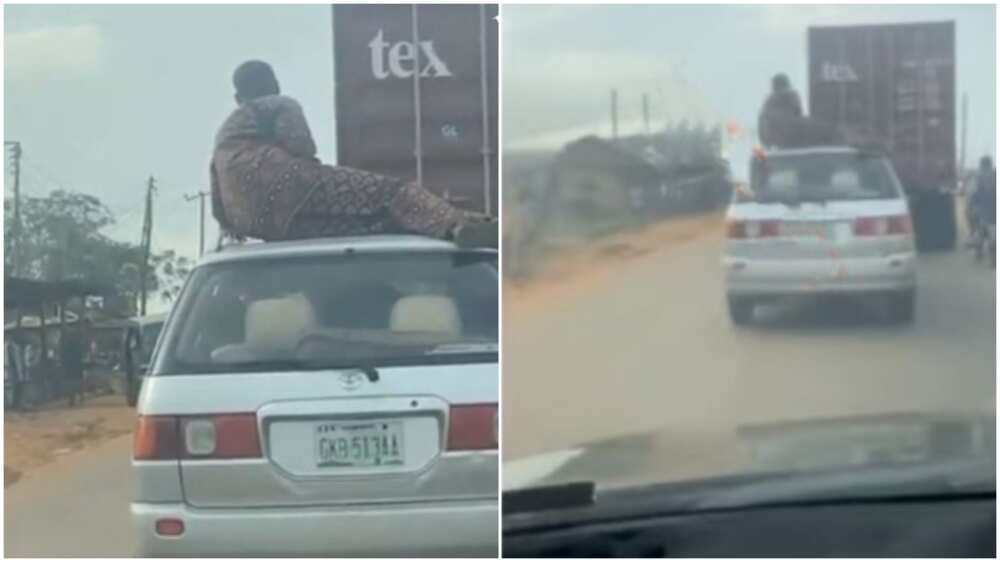Nigerian man travels from Akure by sitting on roof of car.