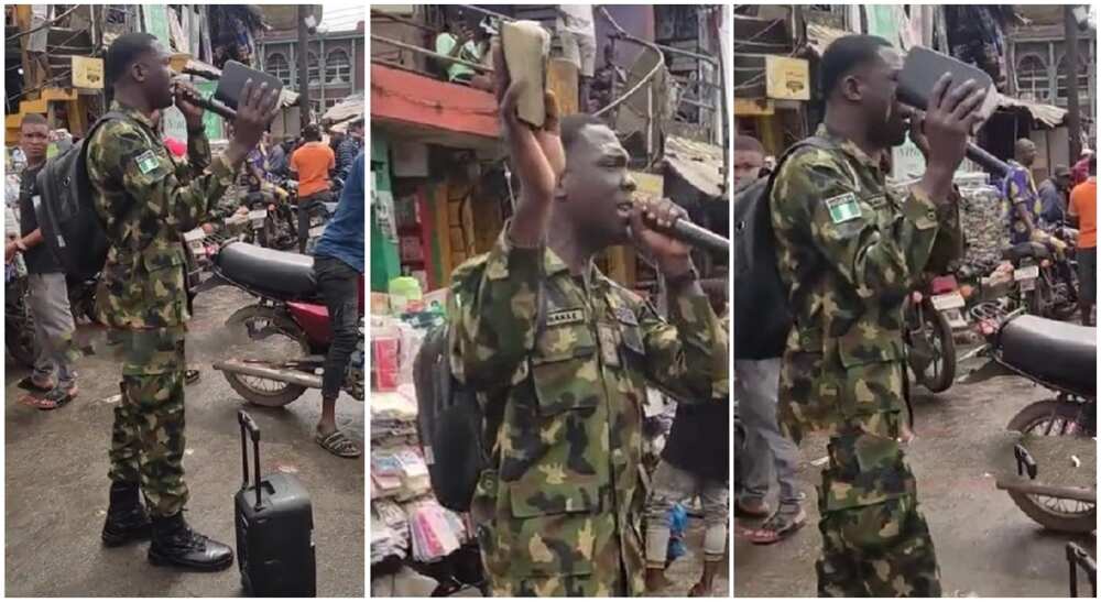 Man seen preaching inside a Nigerian market wearing army uniform.