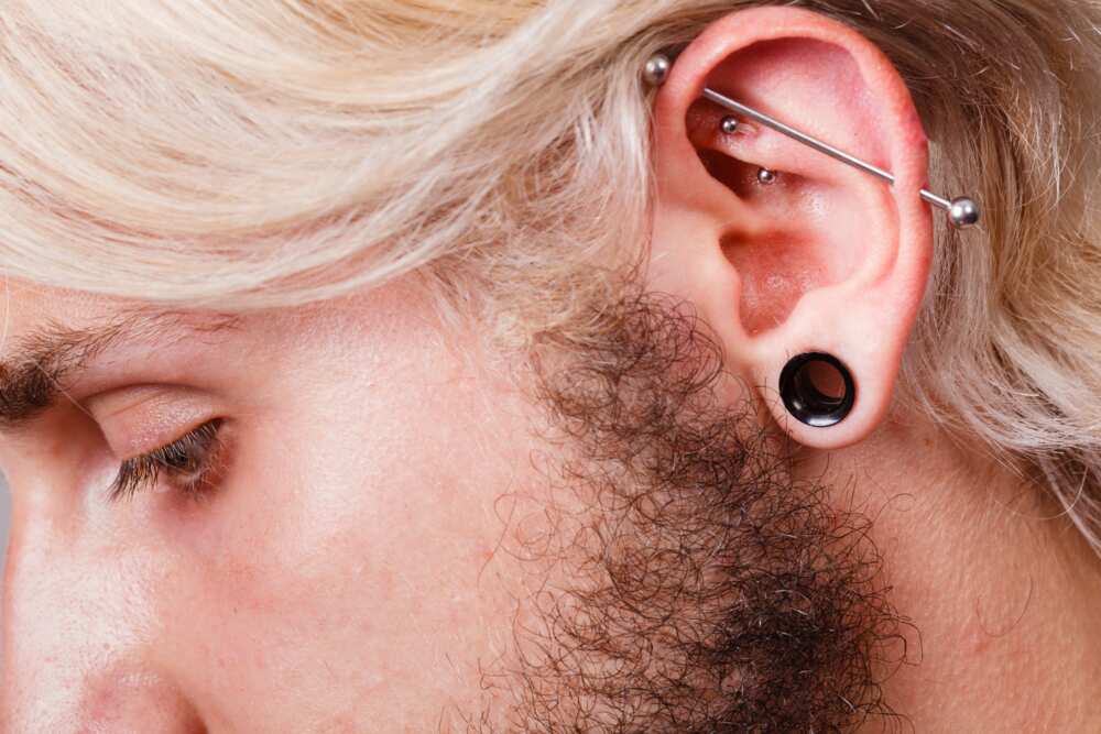 Pierced man ear with black plug tunnel industrial and rook.