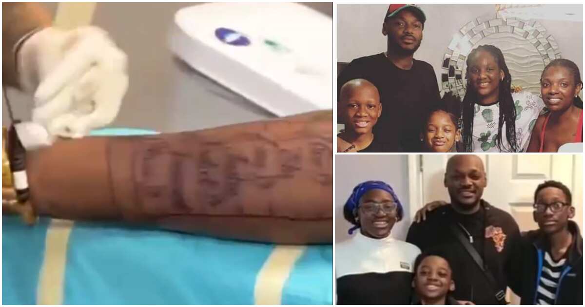 Make he leave space for new ones: Hilarious reactions as 2baba tattoos names of 7 kids on his arm