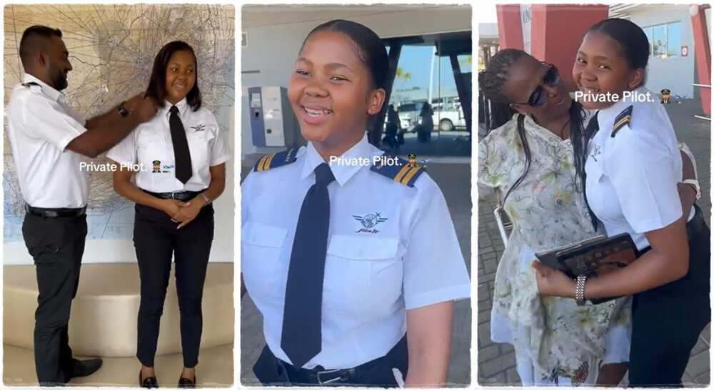 Lady celebrates after becoming a pilot.