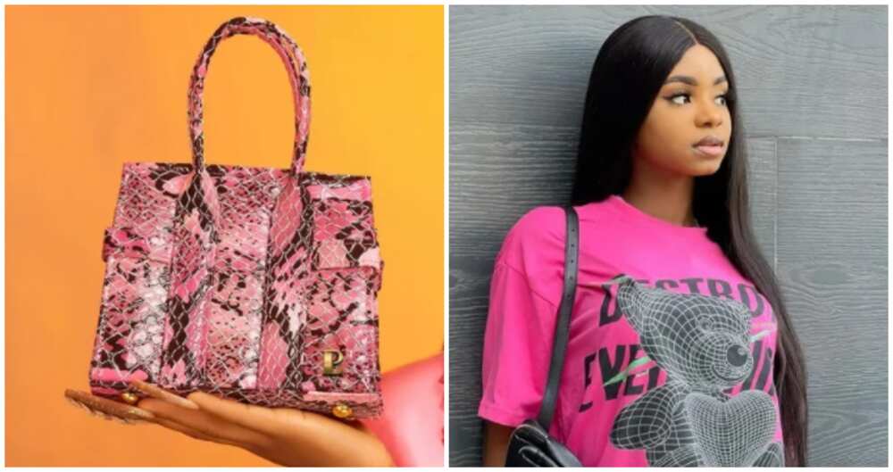 Photos of Priscilla Ojo and a bag from her brand.