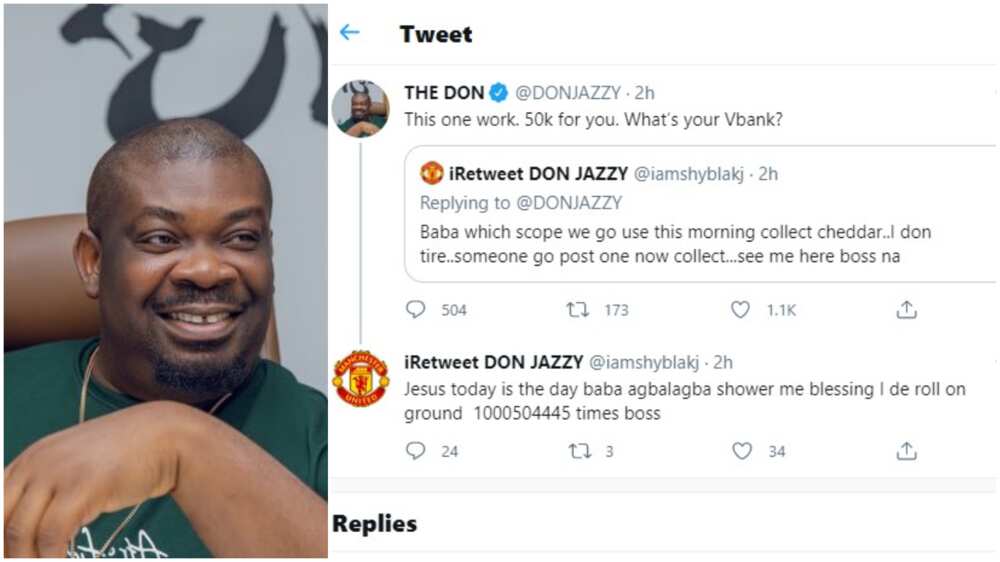 Early June blessing: Don Jazzy sends N50k to Twitter follower shortly the person begged for money