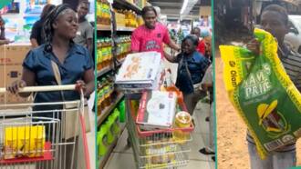 "N290,000 in 30 seconds": Smart woman carries bags of rice during free shopping spree in supermarket