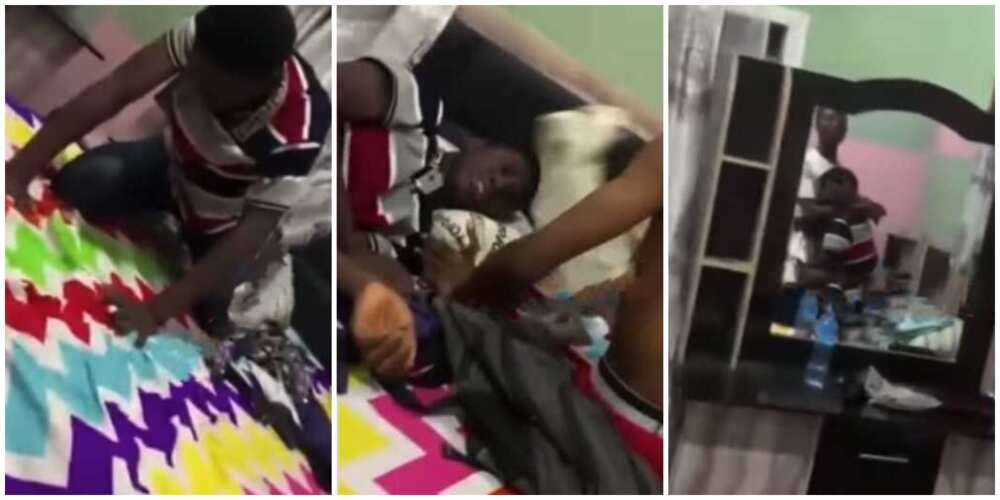 Bukky never loved me; Nigerian man punches bed in video as he weeps like baby after being heartbroken