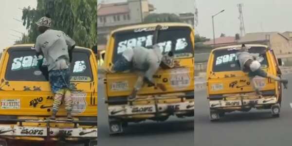 Na Spirit dey Function: Video Captures Man Catching Cruise on Top of Danfo Bus