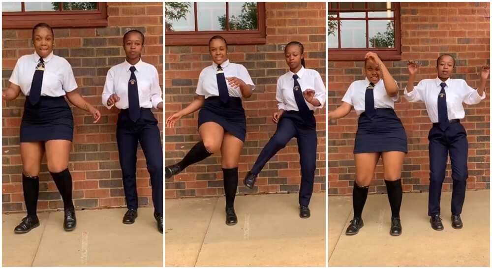 Photos of 2 female students in blue and white uniform dancing outside classroom.