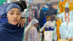 "Wetin she dey find?" Mercy Aigbe knees to greet OBJ at church anniversary, Ooni, MC Oluomo present