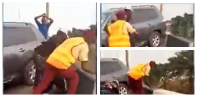 Chaos as man driving against traffic hits policeman off Lagos bridge in viral video