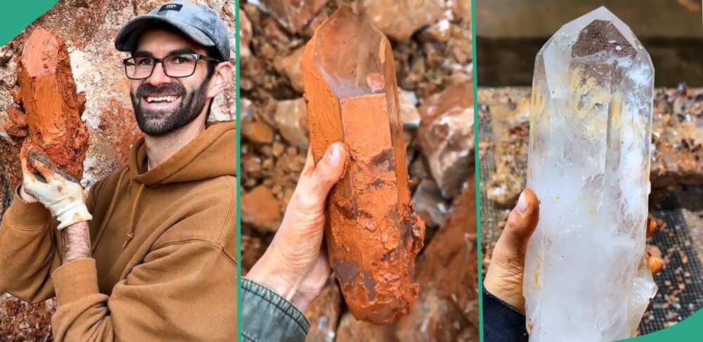 Man digs out shiny stone from the earth.