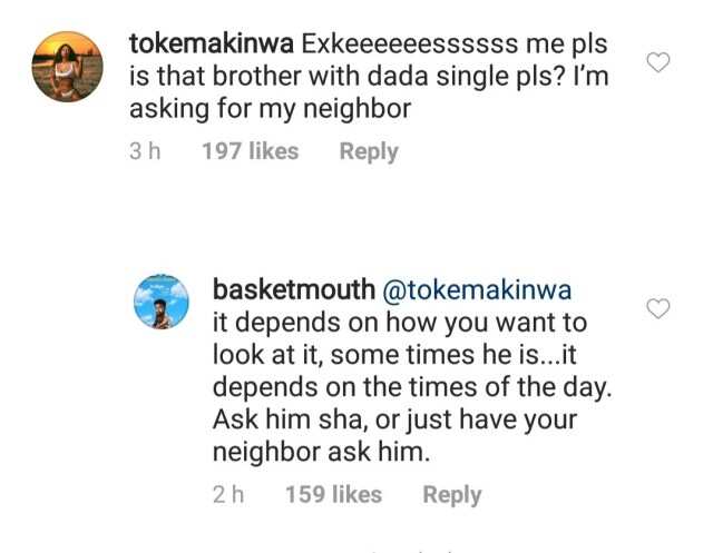 Toke Makinwa shoots her shot at Basketmouth's brother, he replies