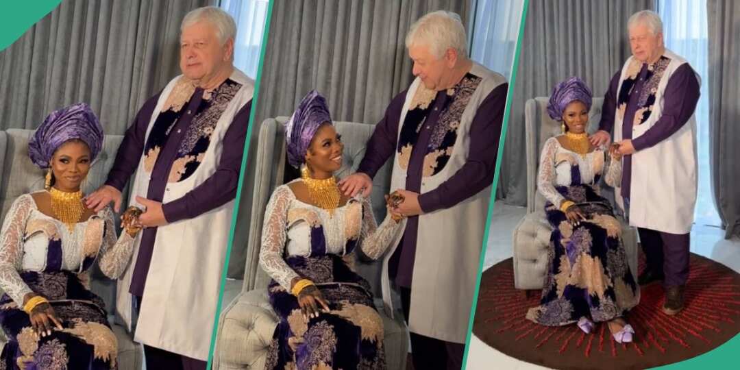 Interracial wedding between Nigerian lady and older white lover sparks online reactions