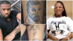 Peteru not PSquare: Hilarious reactions as lady tattoos singer Peter Okoye’s face on her lap