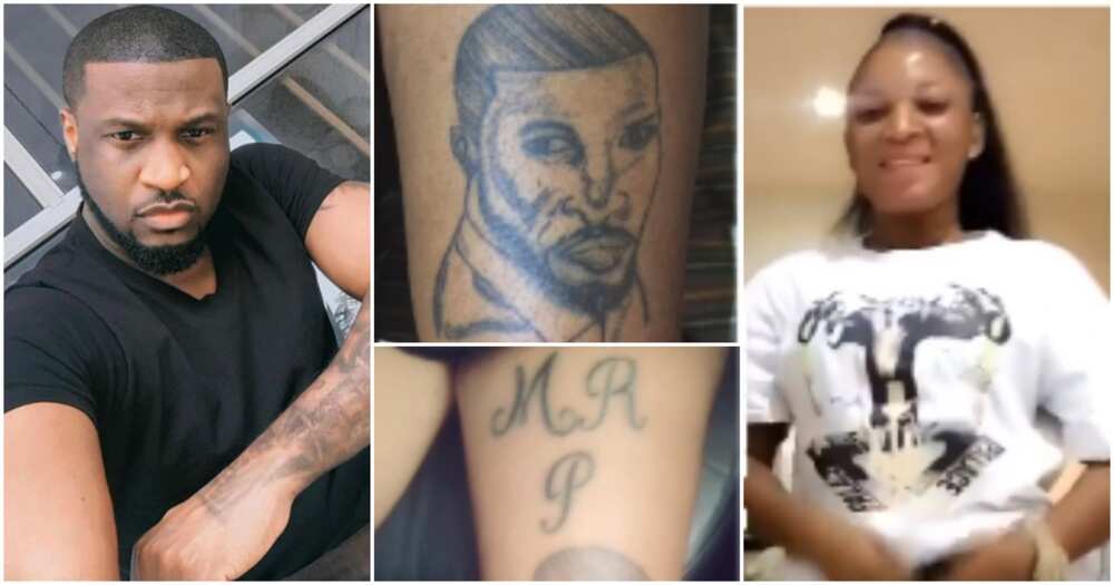 Lady tattoos Peter Okoye's face on laps.