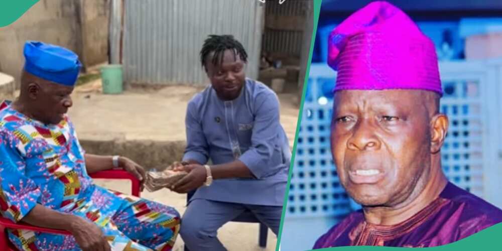 Actor Baba Wande reacts as Kunle Afod gives him money from fans.
