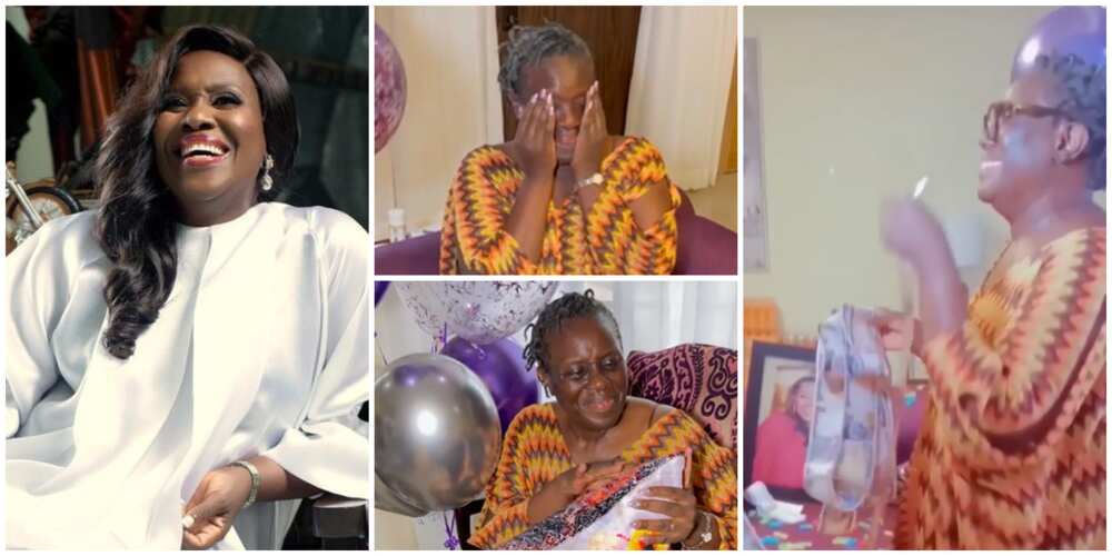 Joke Silva struggles to hold back tears as birthday surprise team storm her Lagos mansion